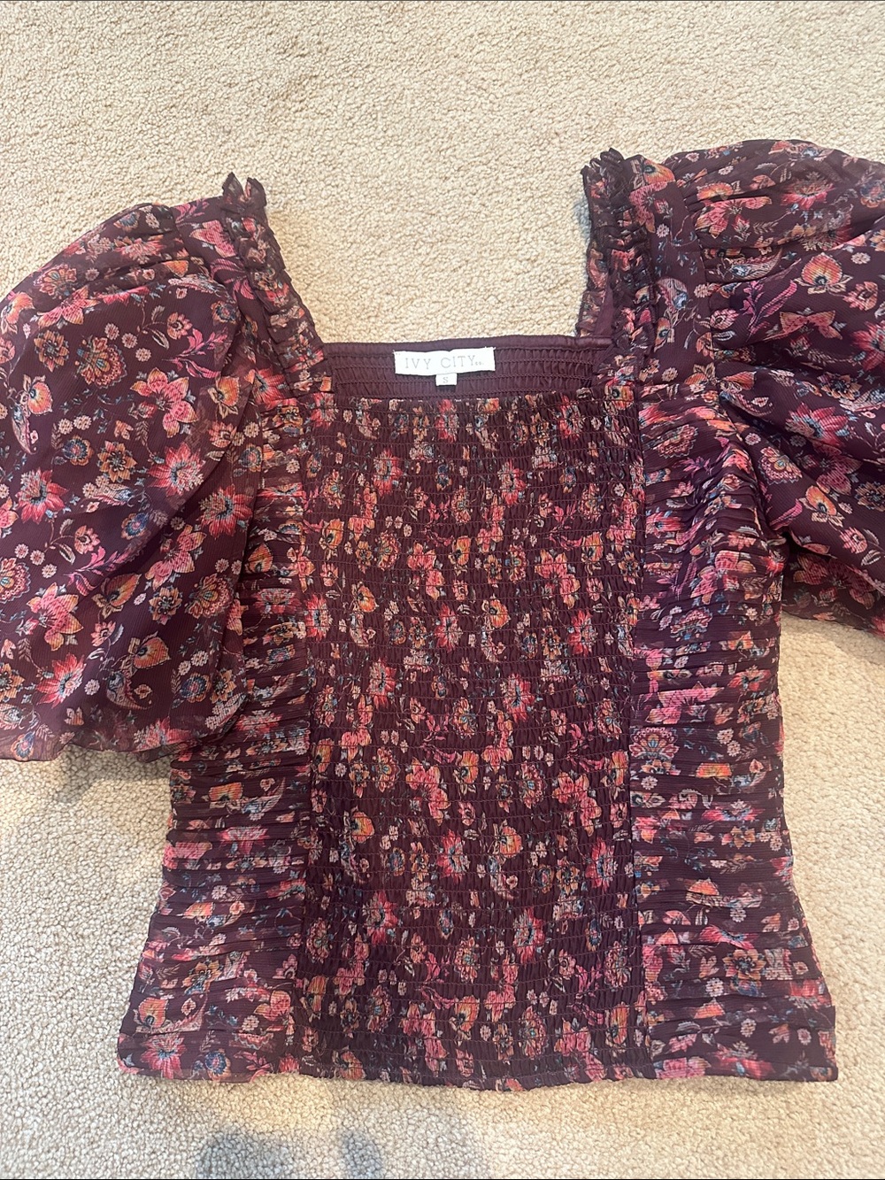 Ivy City Co Burgundy Floral Smocked Puff-Sleeve Blouse - Picture 2 of 5
